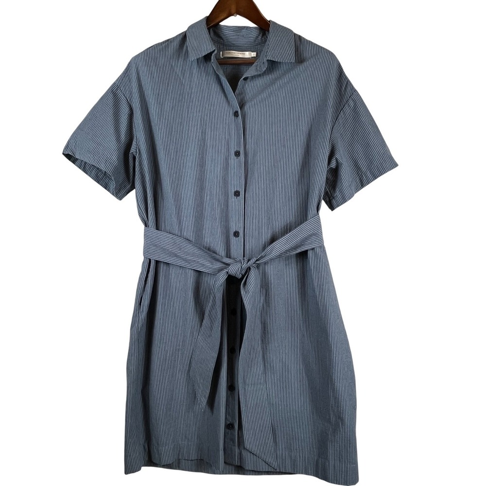 Contemporaine Par Simons L Button Down Striped Shirt Dress Blue Belted Pockets